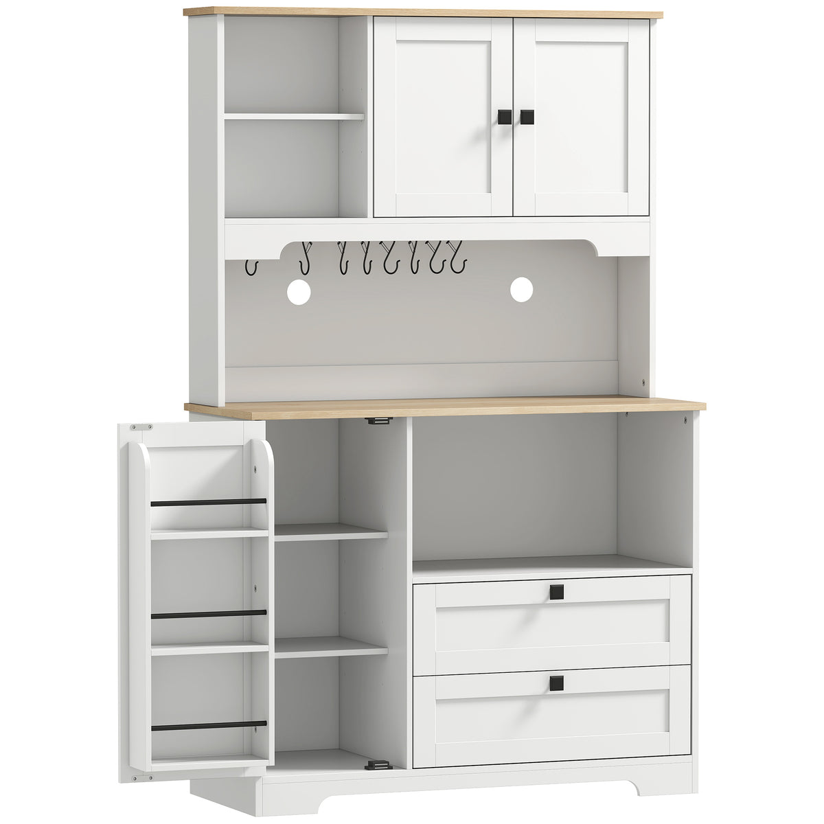 Buffet Haut Cuisine, Armoire Cuisine avec 3 Portes, 2 Tiroirs, Plan de Travail, Compartiments Ouverts, Blanc