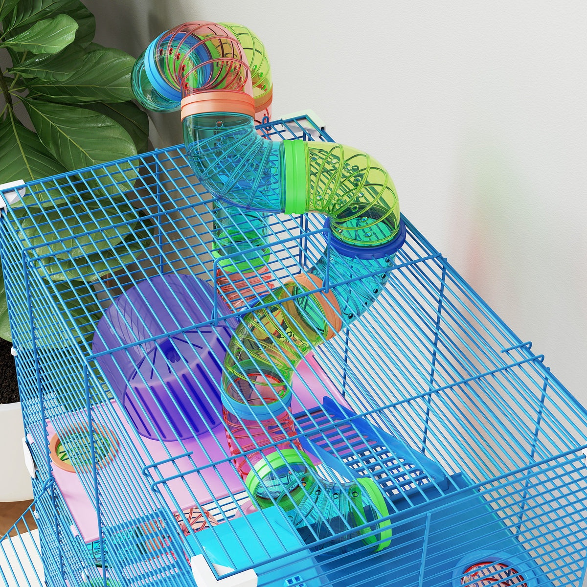 Cage pour hamster rongeur 4 étages avec tunnels mangeoire roue maison échelles 46 x 30 x 58 cm bleu