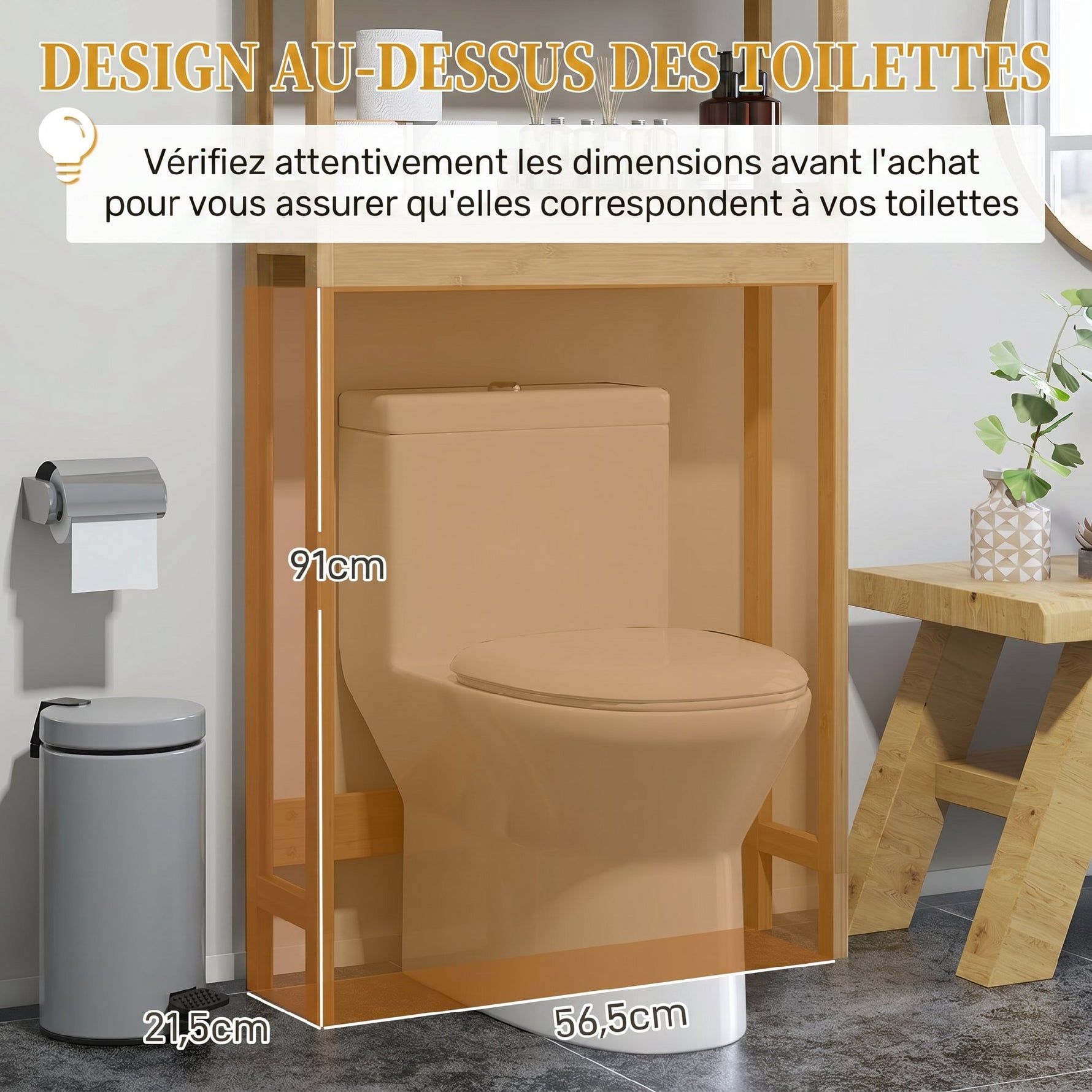 Étagère de toilettes meuble de salle de bain dessus toilette WC avec placard 2 portes et étagère ouverte bambou