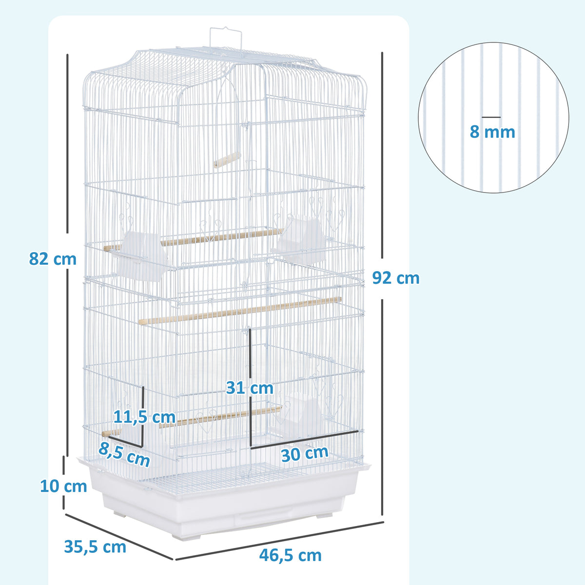 Cage à oiseaux volière avec mangeoires perchoirs plateau excrément amovible cage pour canaris perruches perroquets 46,5 x 35,5 x 92 cm blanc-2