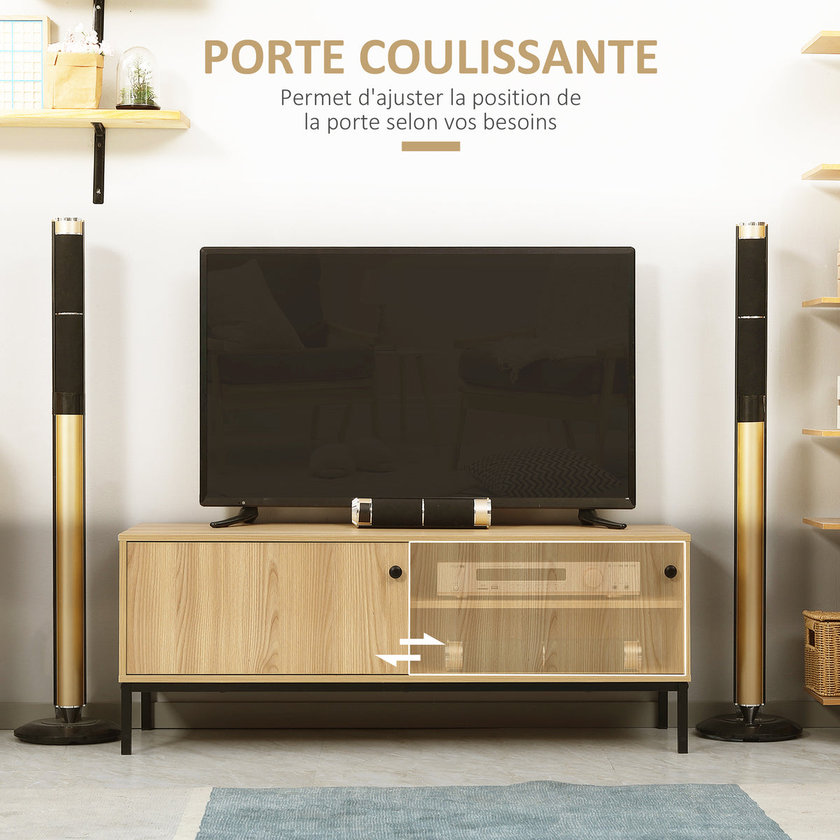 Meuble TV max. 50 pouces 3 compartiments 2 passe-câbles avec porte coulissante - dim. 120L x 39,5l x 46H cm