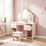 Coiffeuse pour Enfants avec Tabouret et Miroir à Trois Volets en Acrylique, 2 Tiroirs et 2 Placards, Rose
