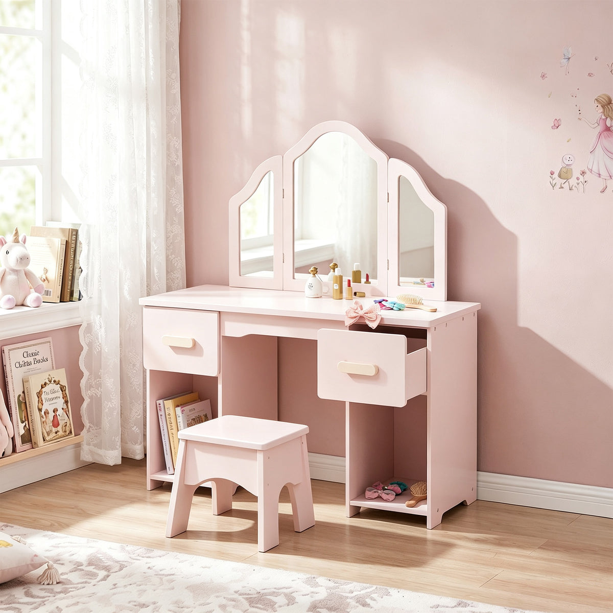 Coiffeuse pour Enfants avec Tabouret et Miroir à Trois Volets en Acrylique, 2 Tiroirs et 2 Placards, Rose
