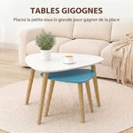 Set di 2 tavolini da salotto nidificanti design scandinavo, gambe in legno e piano in legno, bianco e blu