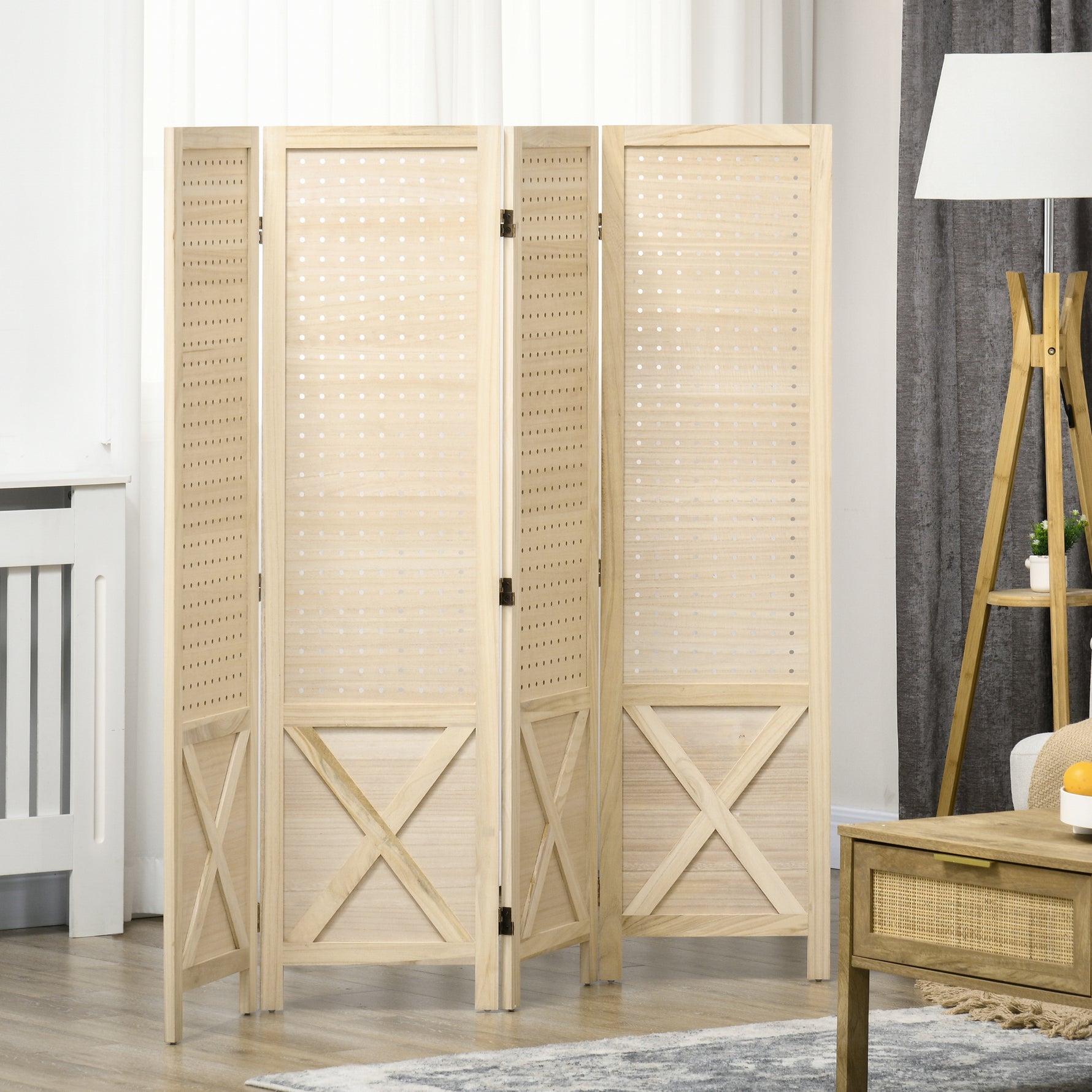 Paravent intérieur en bois 4 panneaux séparateur de pièce pliable panneau perforé 152 x 1,7 x 144,5 cm bois naturel