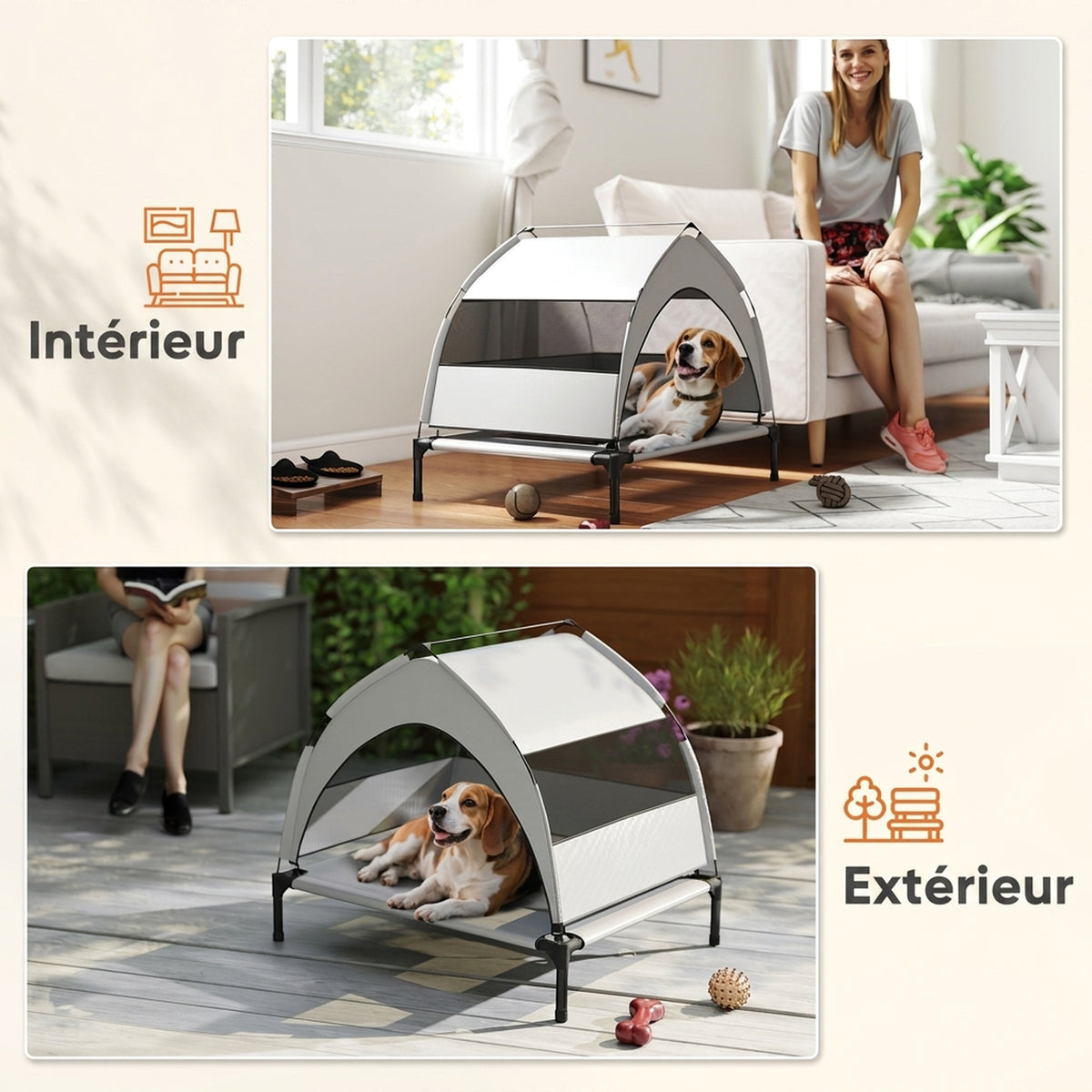 Lit pour Chien Surélevé Tente pour Chien avec Auvent Tente 3 Côtés Respirant Textilène Sac 76x61x70cm Gris Clair