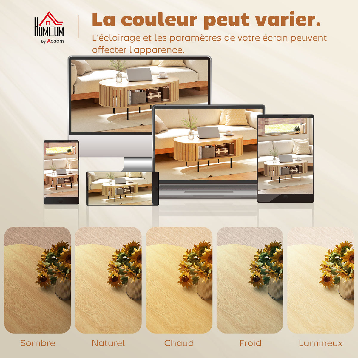 Table basse ovale, table de salon avec rangement, coins arrondis, design lattes, 100 x 50 x 40 cm, effet bois naturel