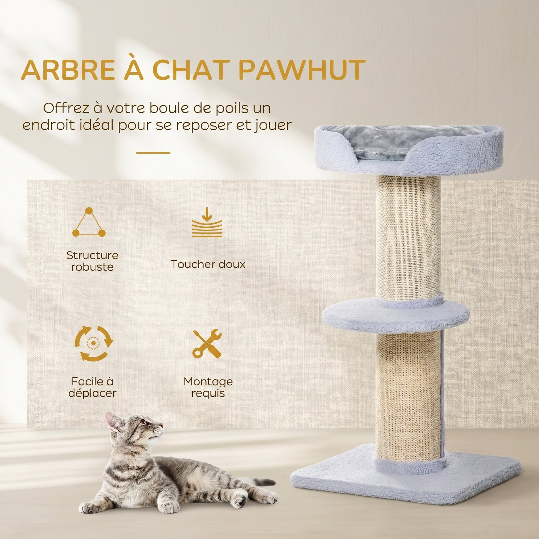 Arbre à chat avec griffoir centre d'activités 2 plateformes coussin bleu clair