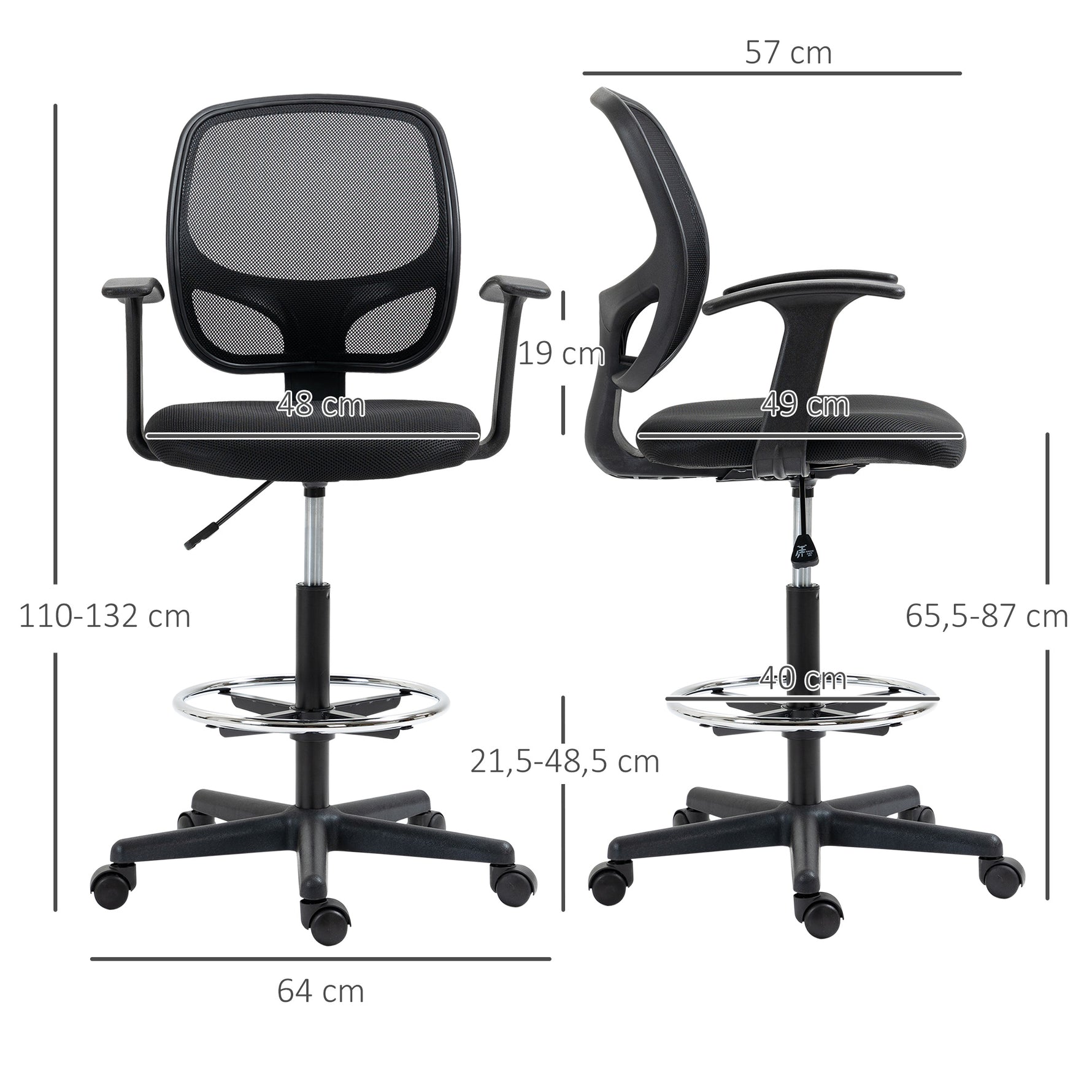 Chaise bureau ergonomique, chaise de dessin, repose-pieds, dossier en maille, hauteur réglable, 64x57x110-132cm, noir