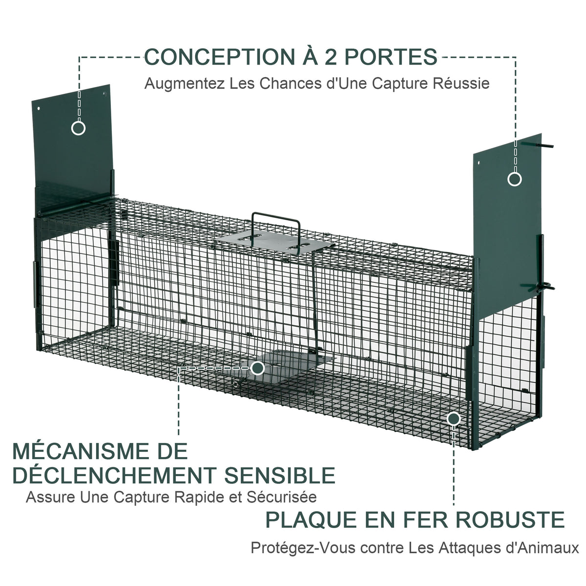 Piège Vivant Cage Attrape 100 x 25 x 28 cm Piège Fouine pour Martres, Rats, Souris - 2 entrées + poignée - métal vert