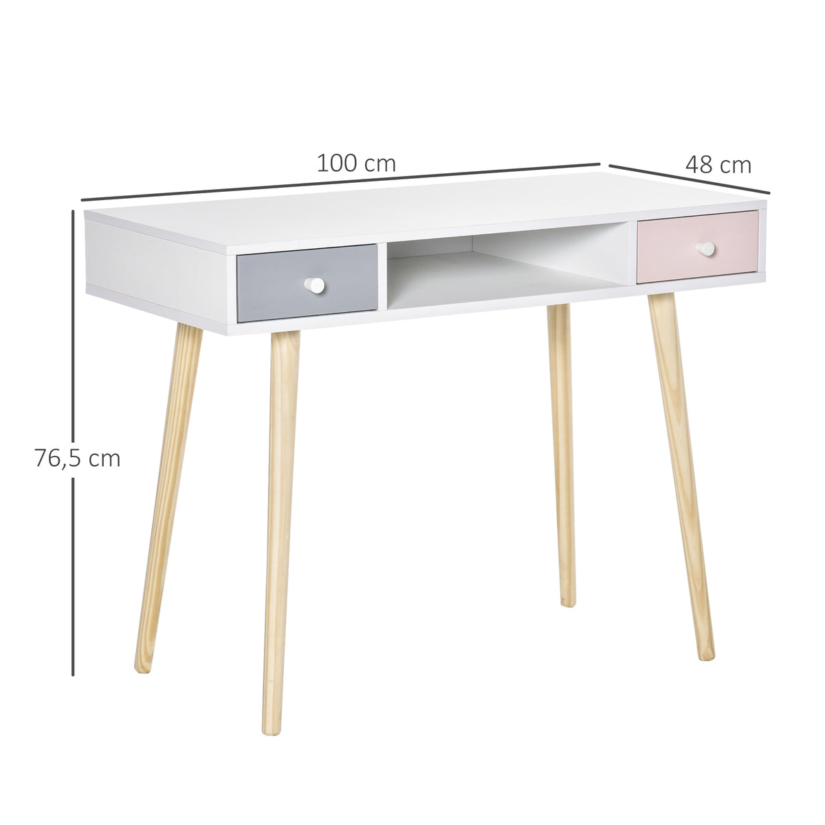 Eskandinaviar estiloko haurrentzako mahaia, tiradera eta biltegiratze-konpartimenduarekin, 100L x 48l x 76,5H cm, MDF eta pinua, zuria, grisa eta arrosa