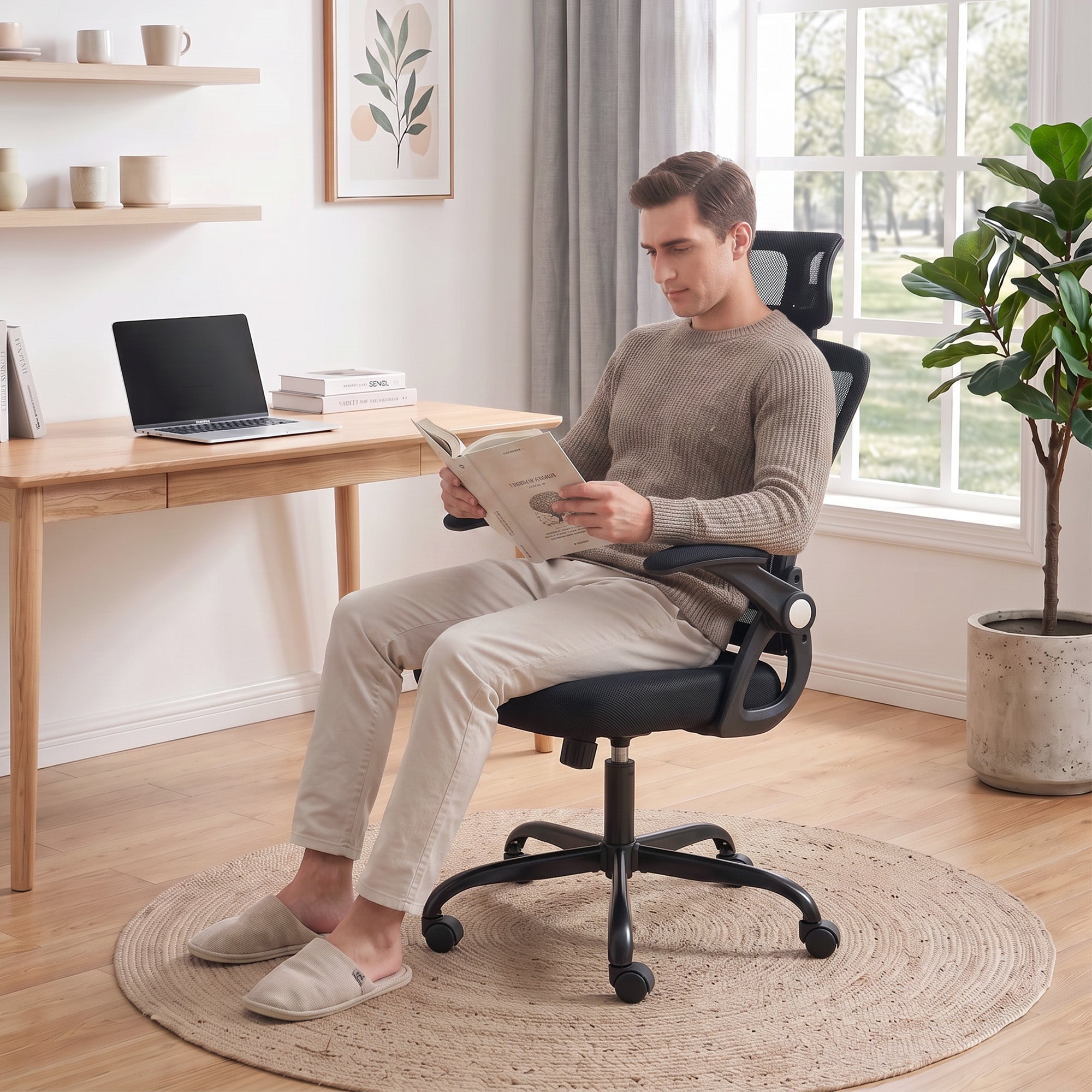 Ergonomische bureaustoel, opklapbare armleuningen, hoofdsteun, kantelfunctie, in hoogte verstelbaar, 59x62x125 cm, zwart