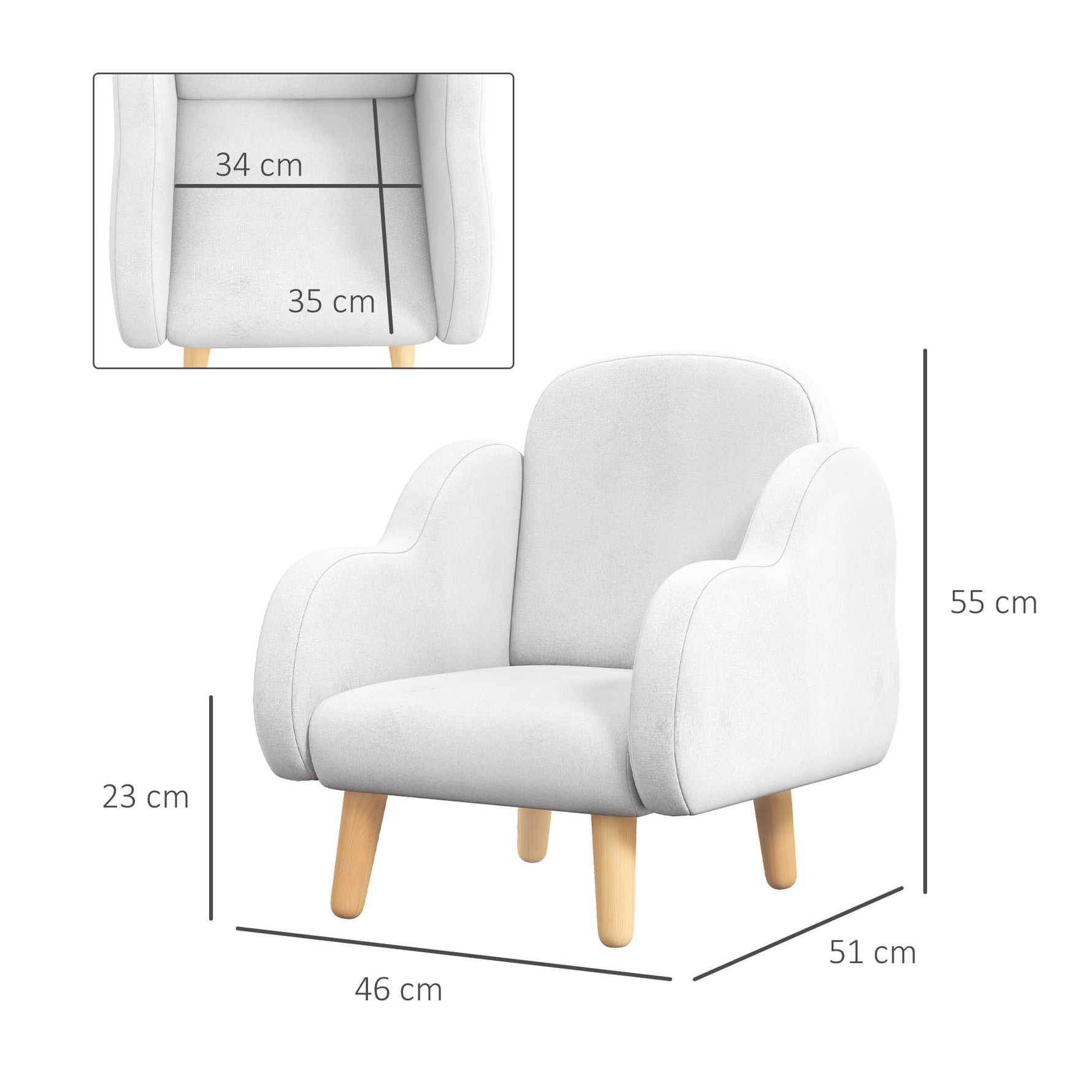 Fauteuil pour enfant design scandinave nuage grand confort avec piètement inclinés et tissu 46 x 51 x 55 cm blanc