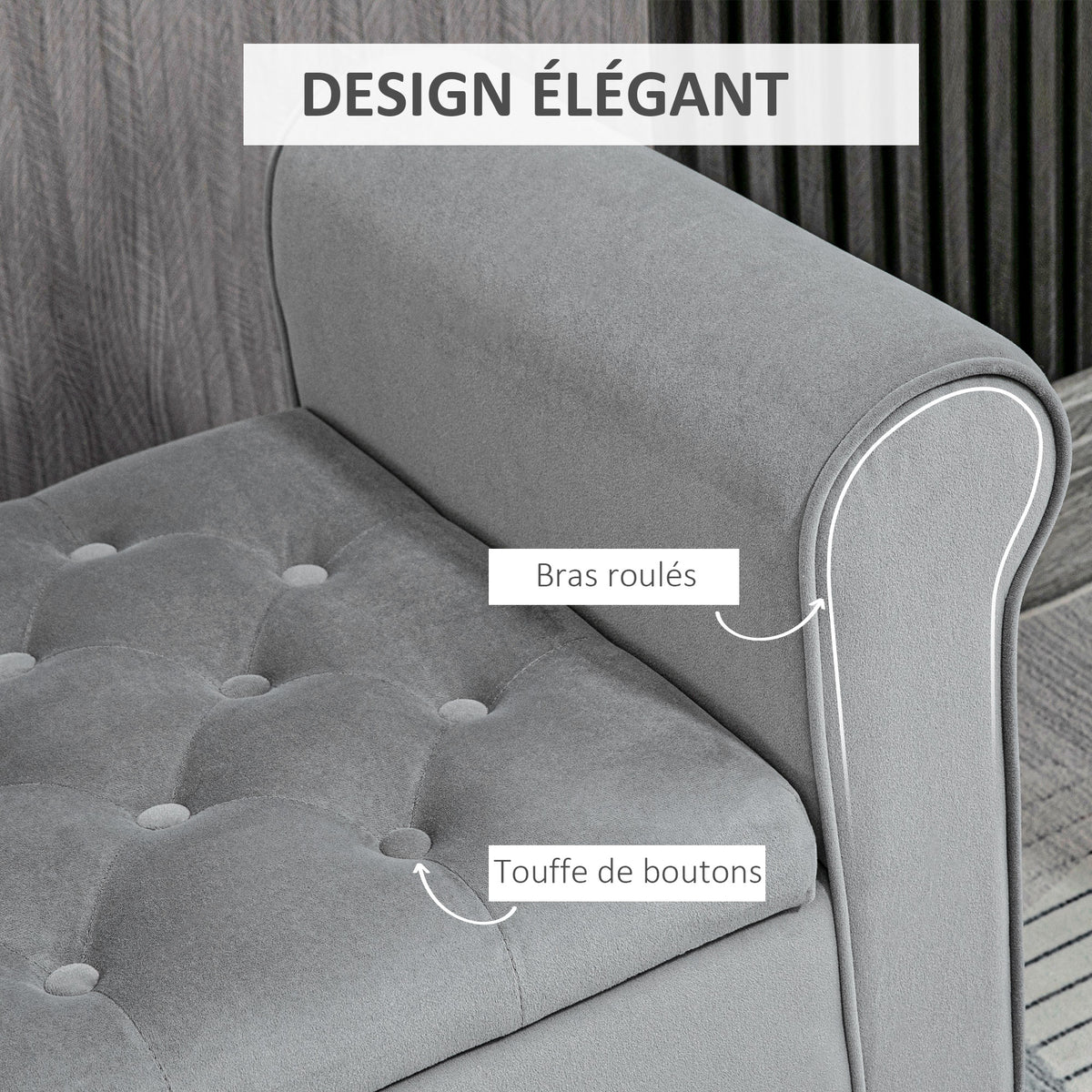 Banc de rangement bout de lit avec accoudoirs, tissu effet velours rembourré et capitonné, 126 x 48,5 x 57 cm, gris