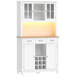 Hoog buffet voor de keuken met ledverlichting, servieskast, 4 deuren waarvan 2 met glas, lades, flessenrek, wit