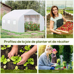 Serre Tunnel de Jardin 10,5 m² dim. 3,5L x 3l x 2H m Porte + 6 fenêtres enroulables Acier galvanisé bâche PE Haute densité Blanc