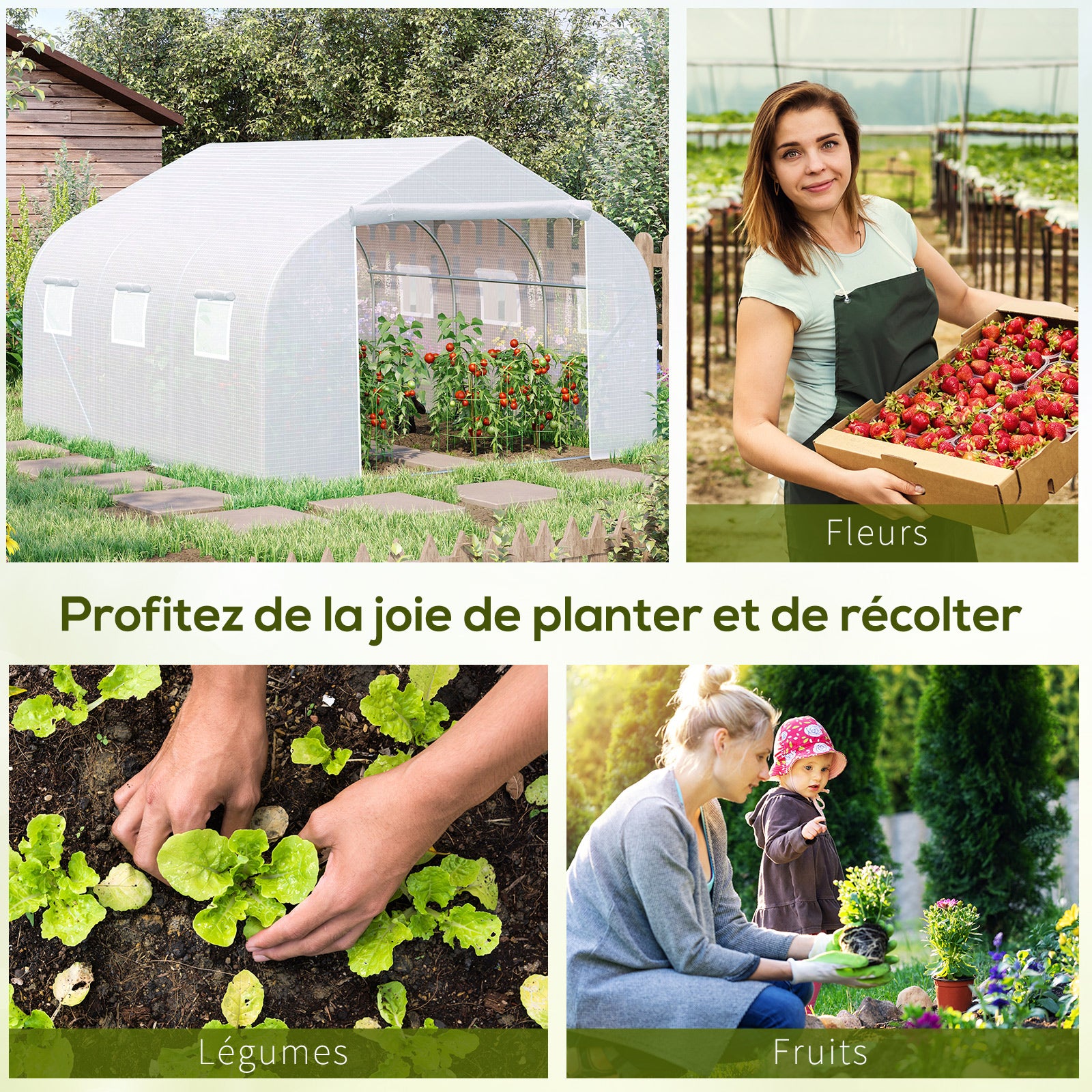 Serre Tunnel de Jardin 10,5 m² dim. 3,5L x 3l x 2H m Porte + 6 fenêtres enroulables Acier galvanisé bâche PE Haute densité Blanc