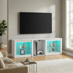 Meuble TV avec éclairage LED pour télévision jusqu'à 70 pouces, 160cm avec étagères en verre réglables, blanc