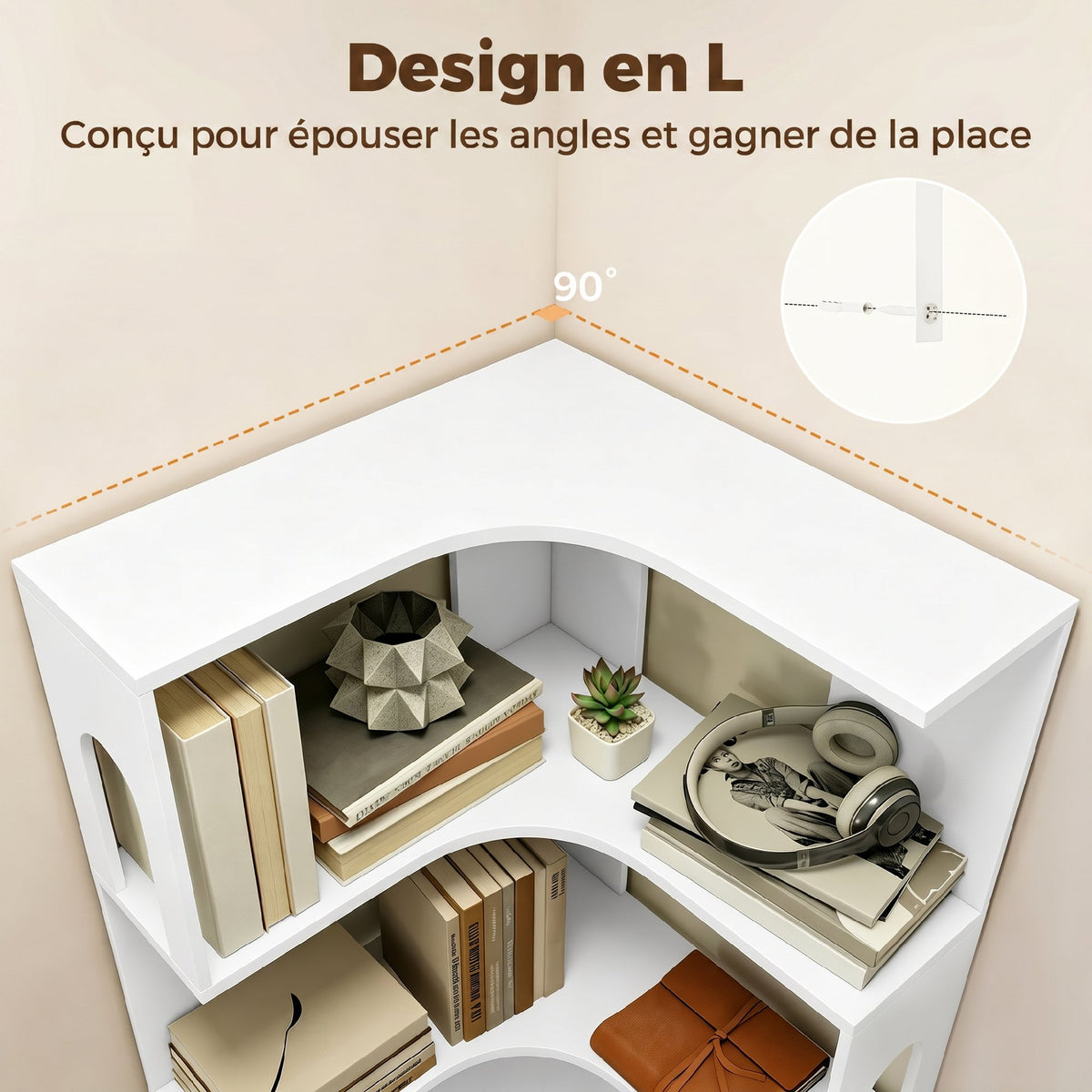 Bibliothèque d'angle, étagère de rangement à 6 niveaux avec panneaux latéraux arqués, 60 x 60 x 165,5 cm, blanc