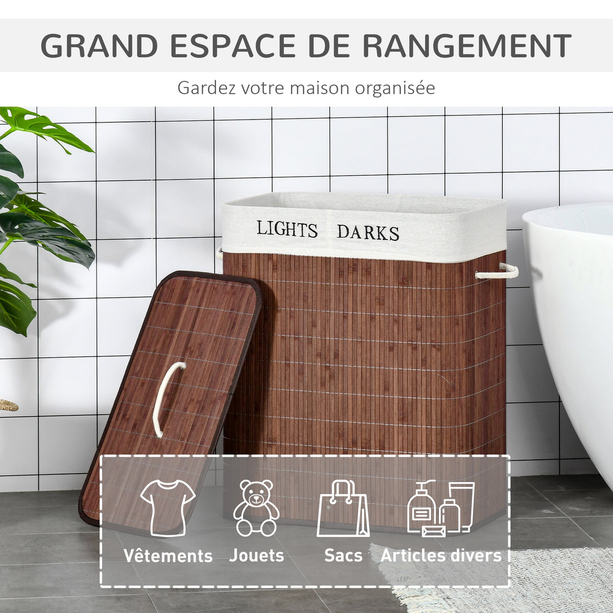 Panier à linge 100L avec 2 bacs bambou pliable couvercle poignée avec Sac amovible et lavable marron