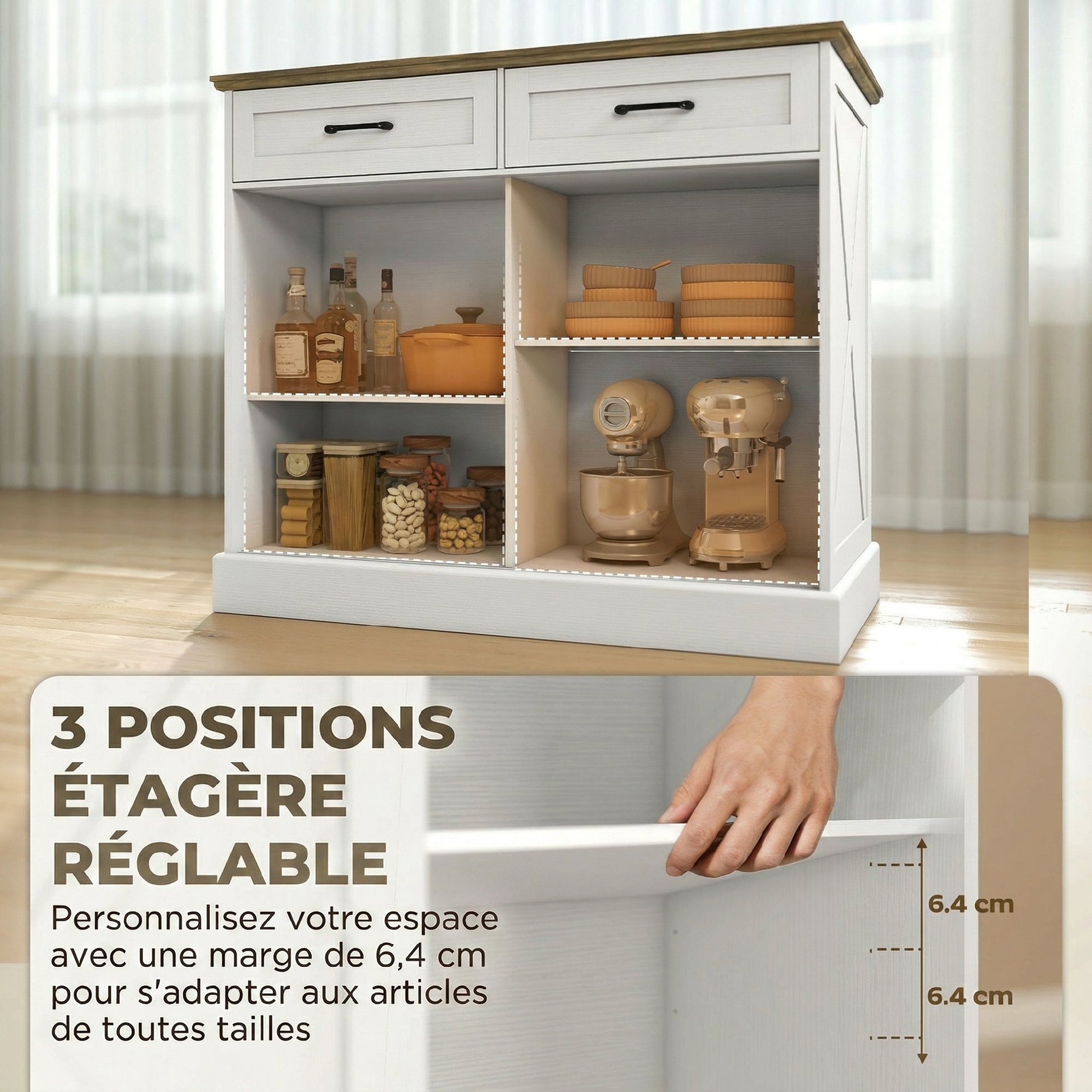 Îlot central cuisine, buffet cuisine, meuble de rangement avec 2 tiroirs 2 portes coulissantes, étagère réglable, blanc