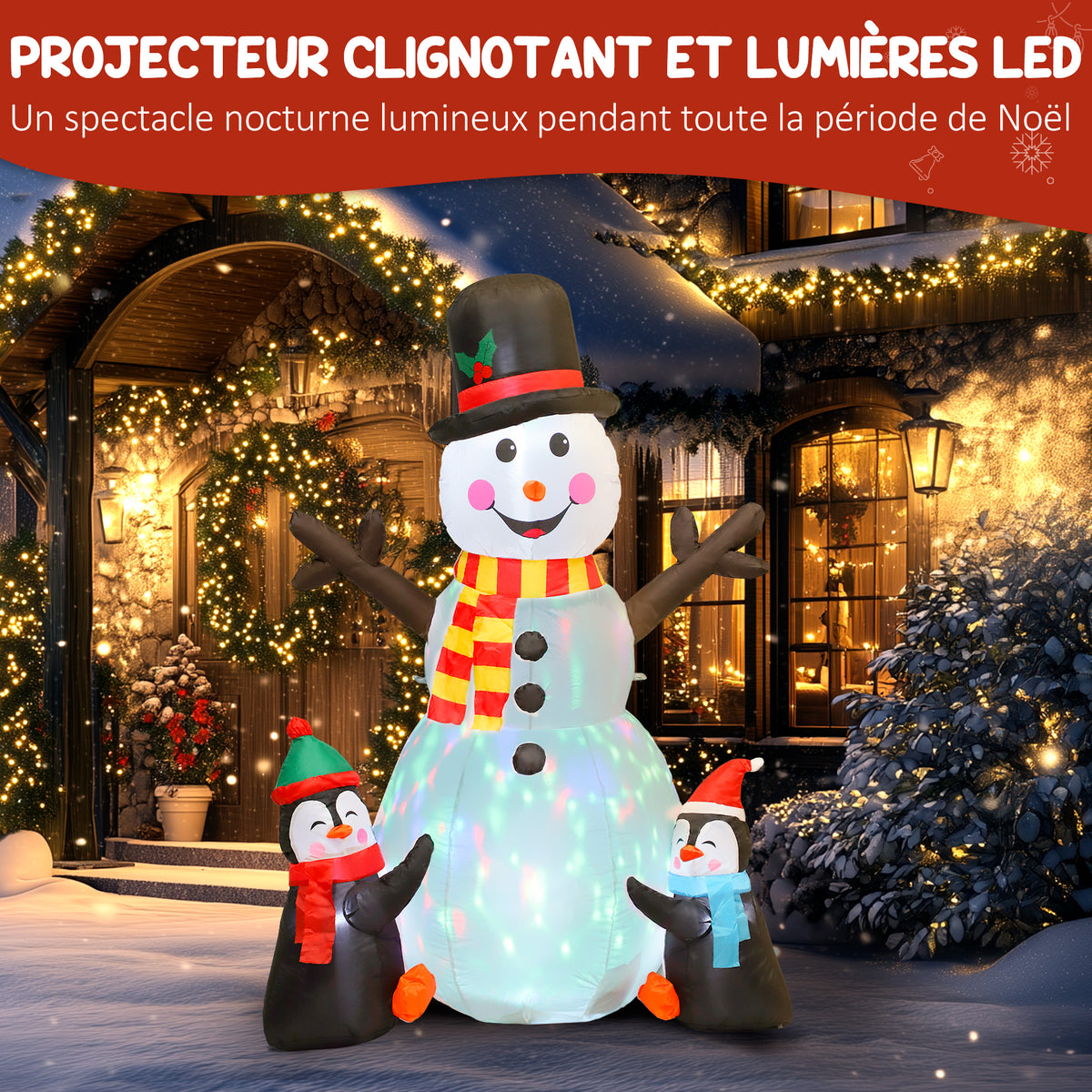 Bonhomme de neige et pingouins gonflable de Noël de 180 cm avec lumières LED, décoration de Noël intérieur et extérieur