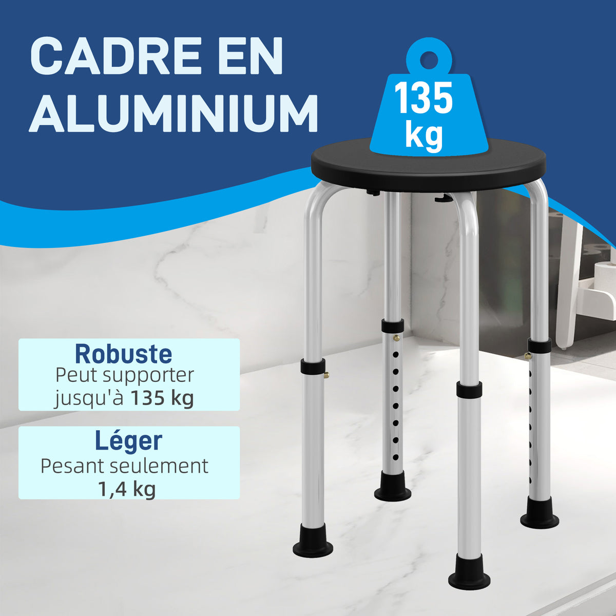 Tabouret de Douche réglable en Hauteur siège de Douche Ergonomique Pieds antidérapants Charge Max. 136 Kg alu HDPE Noir