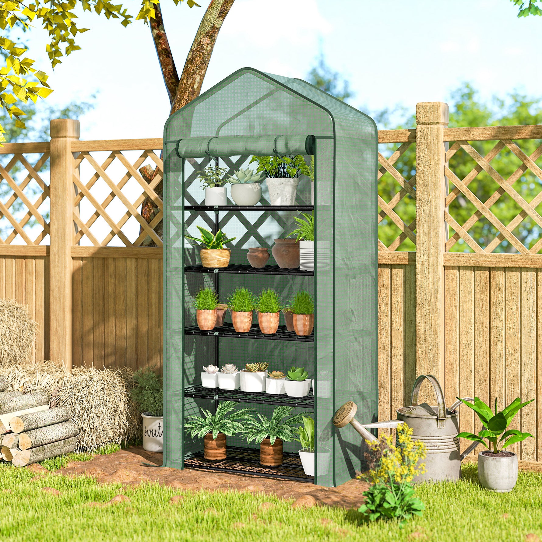 Serre de jardin Serre 5 niveaux avec 1 porte enroulable, Bâche en PE Renforcée Résistante dim. 90L x 49l x 193H cm