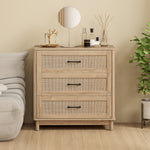 Commode 3 Tiroirs en Rotin, Meuble de Rangement, Chiffonnier, Pieds en Bois Massif, Style Bohème, 76x35x76cm, Chêne