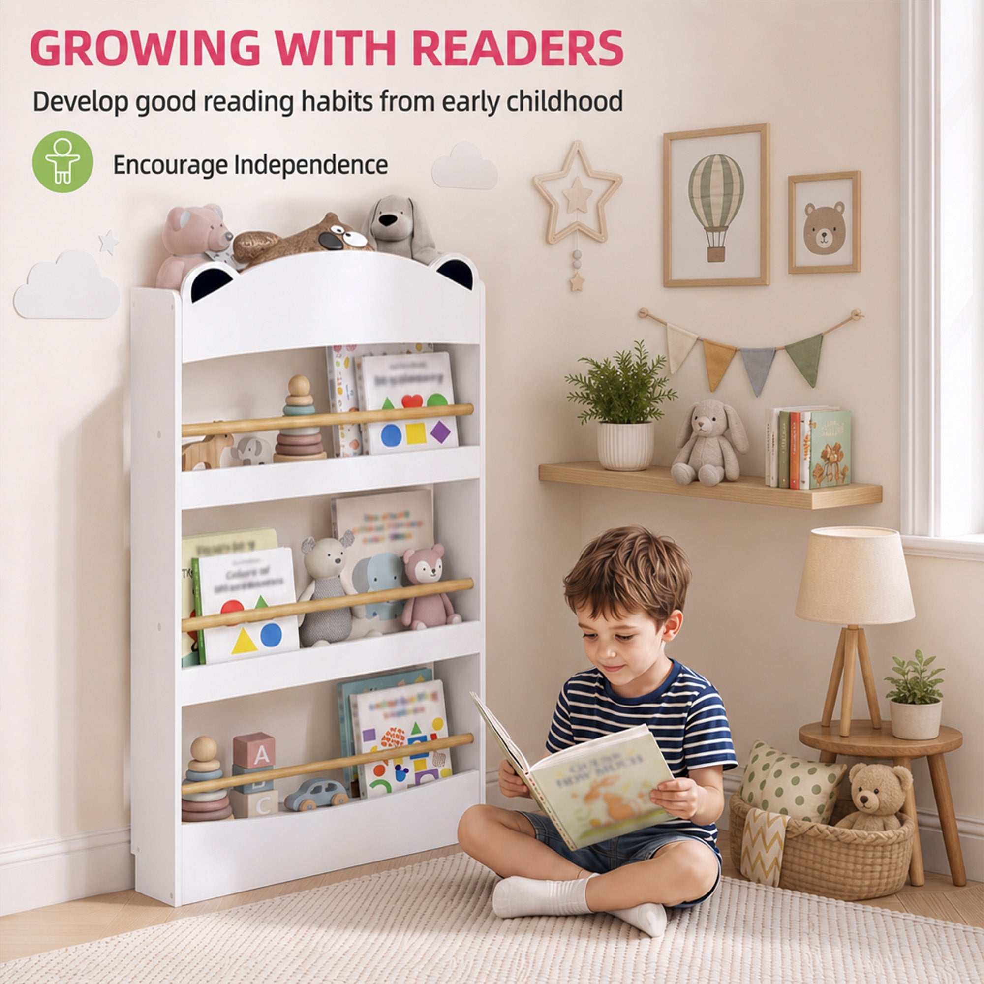 Bibliothèque Murale Enfant à 4 Niveaux, Étagère à Livre 3-8 Ans, Meuble de Rangement pour Salle de Jeux, Salon, Blanc