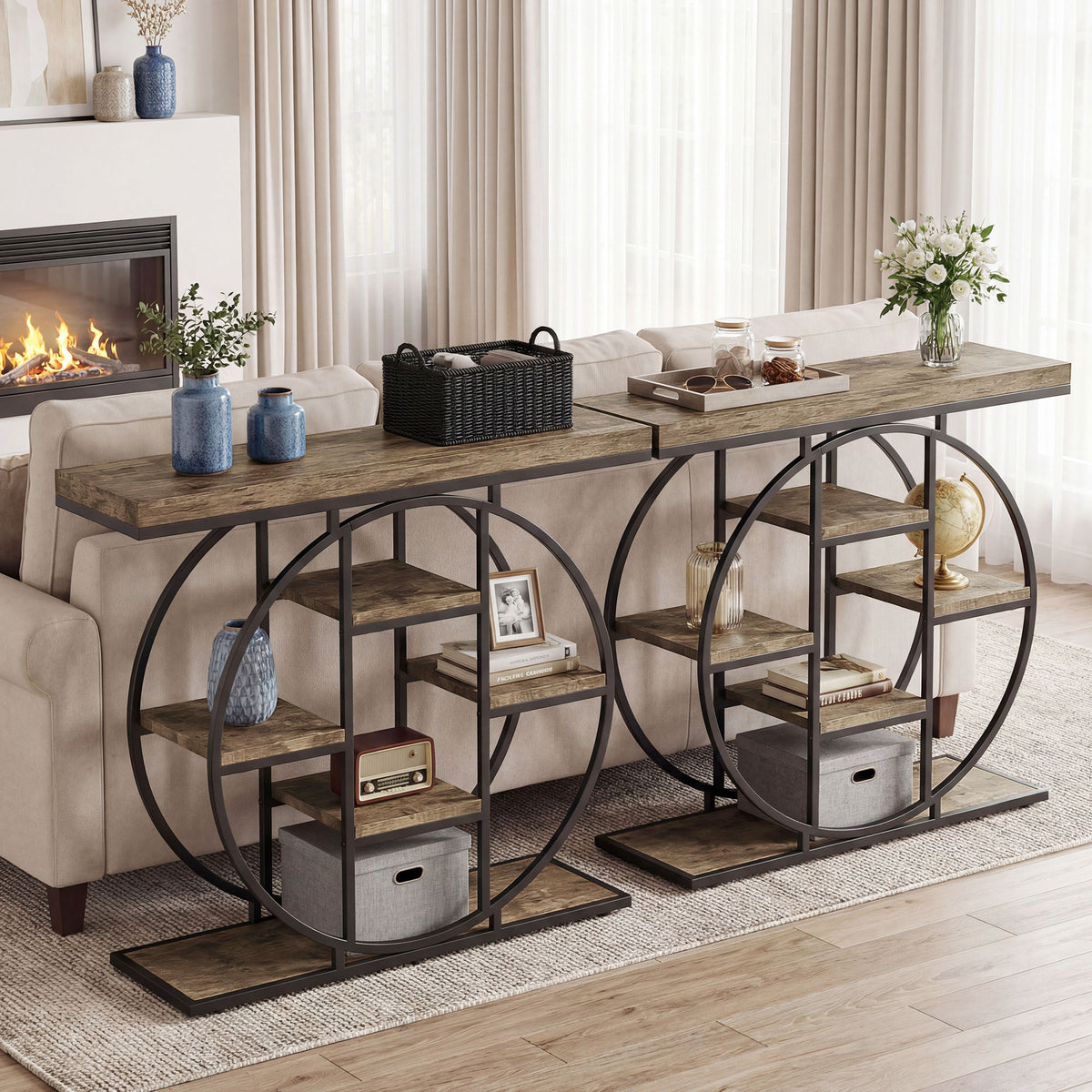 Tavolo Consolle da Ingresso Mobile da Ingresso Industriale 6 Ripiani Piano da 4cm 100 x 30 x 81,5cm Marrone Rustico