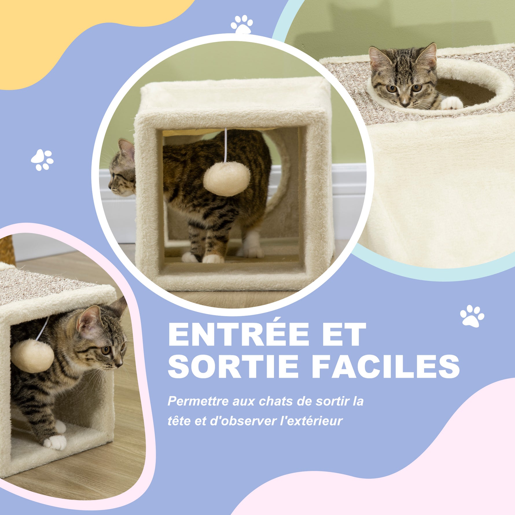 Tunnel pour chat intérieur jouets pour chats avec balle suspendue entrées multiples en sisal 98 x 30 x 30 cm crème