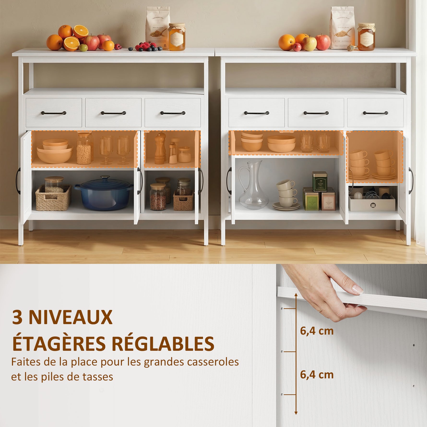 Buffet cuisine, meuble de rangement, 3 portes, 3 tiroirs, compartiment ouvert et étagères réglables, 95x35x88cm, blanc