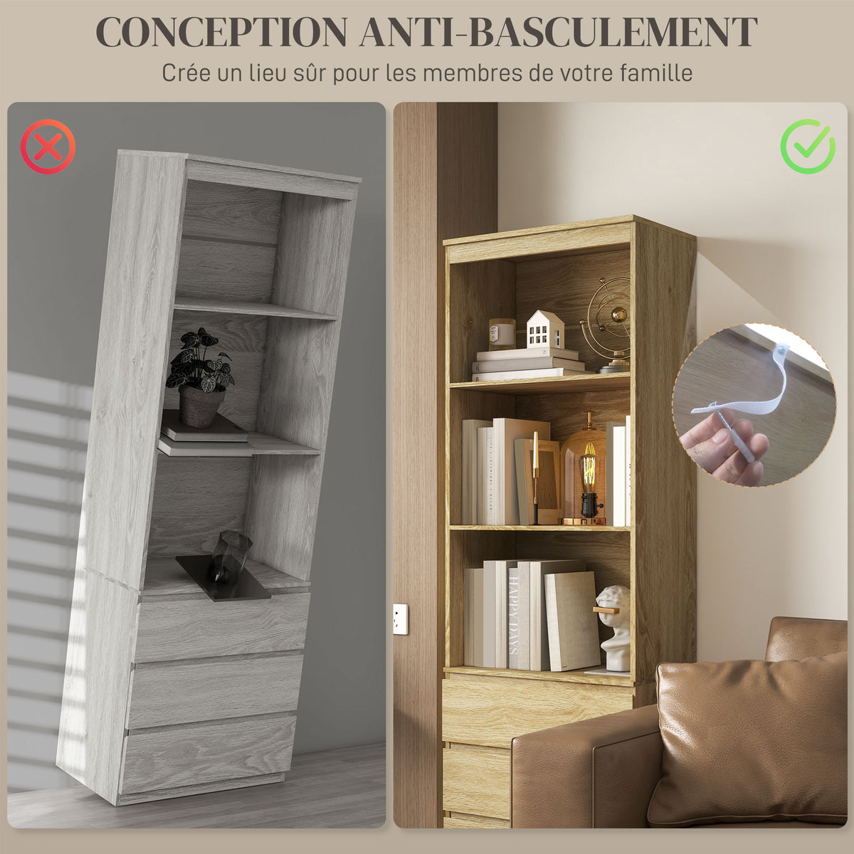 Bibliothèque haute de 180 cm avec 3 étagères et 3 tiroirs dim. 60L x 35l x 180H cm Panneaux Particules effet bois