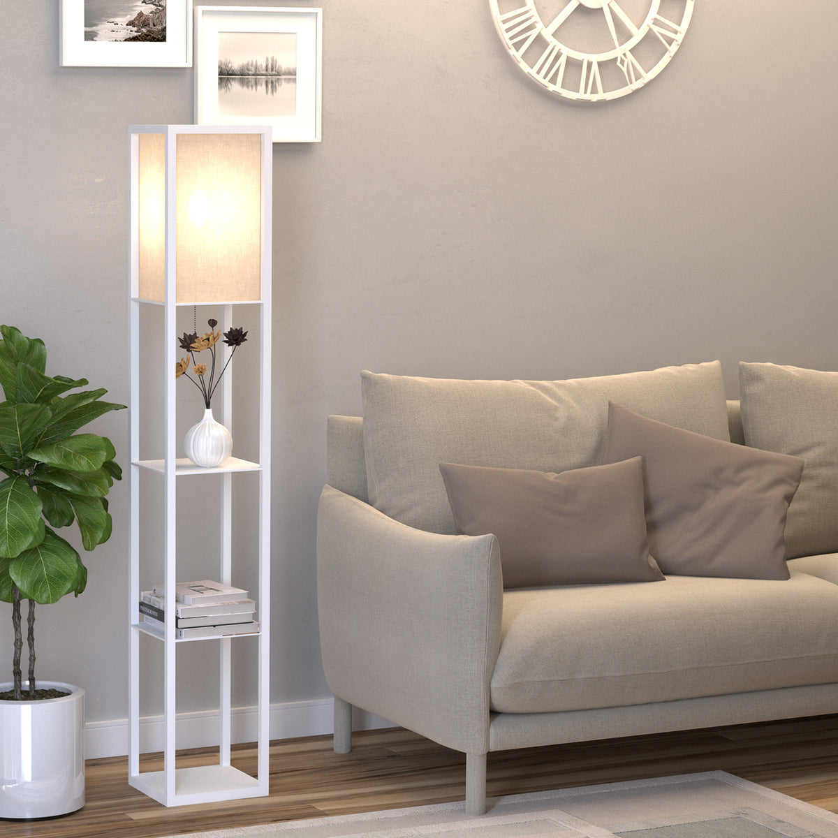 Shelf floor lamp 26L x 26W x 160H cm 3 shelves 4 levels White MDF
