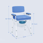 Silla de inodoro con orificio multifunción, cubo extraíble, altura regulable, con respaldo, asiento y reposabrazos acolchados azules