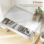 Bureau avec 2 tiroirs, table d'ordinateur 100 x 50 cm, bureau moderne pied en acier, pour petits espaces, blanc brillant