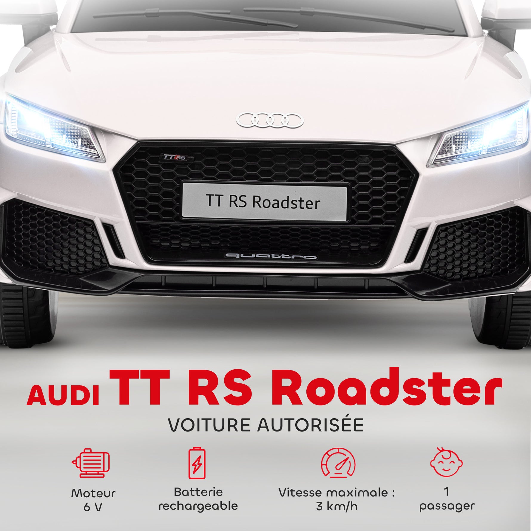 Voiture électrique enfant véhicule électrique enfant Audi TT RS 12 V 30 W V. Max. 3 Km/h télécommande 2,4G Effets sonores + Lumineux Blanc