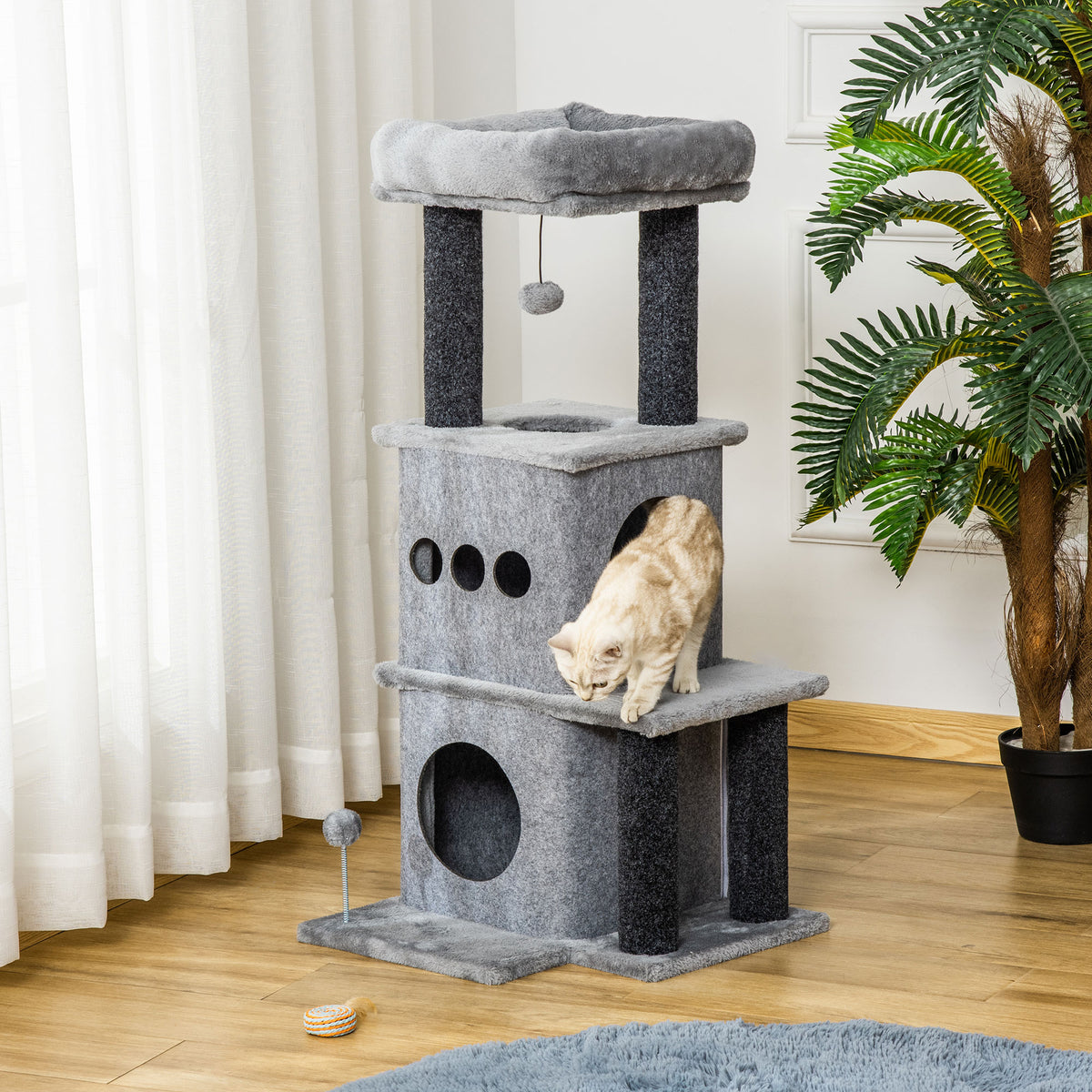 Arbre à chats design cosy chic multi-équipements centre d'activités niches plateformes lit jeu boule feutres amovibles lavables panneaux de particules peluche courte 48 x 48 x 100 cm gris