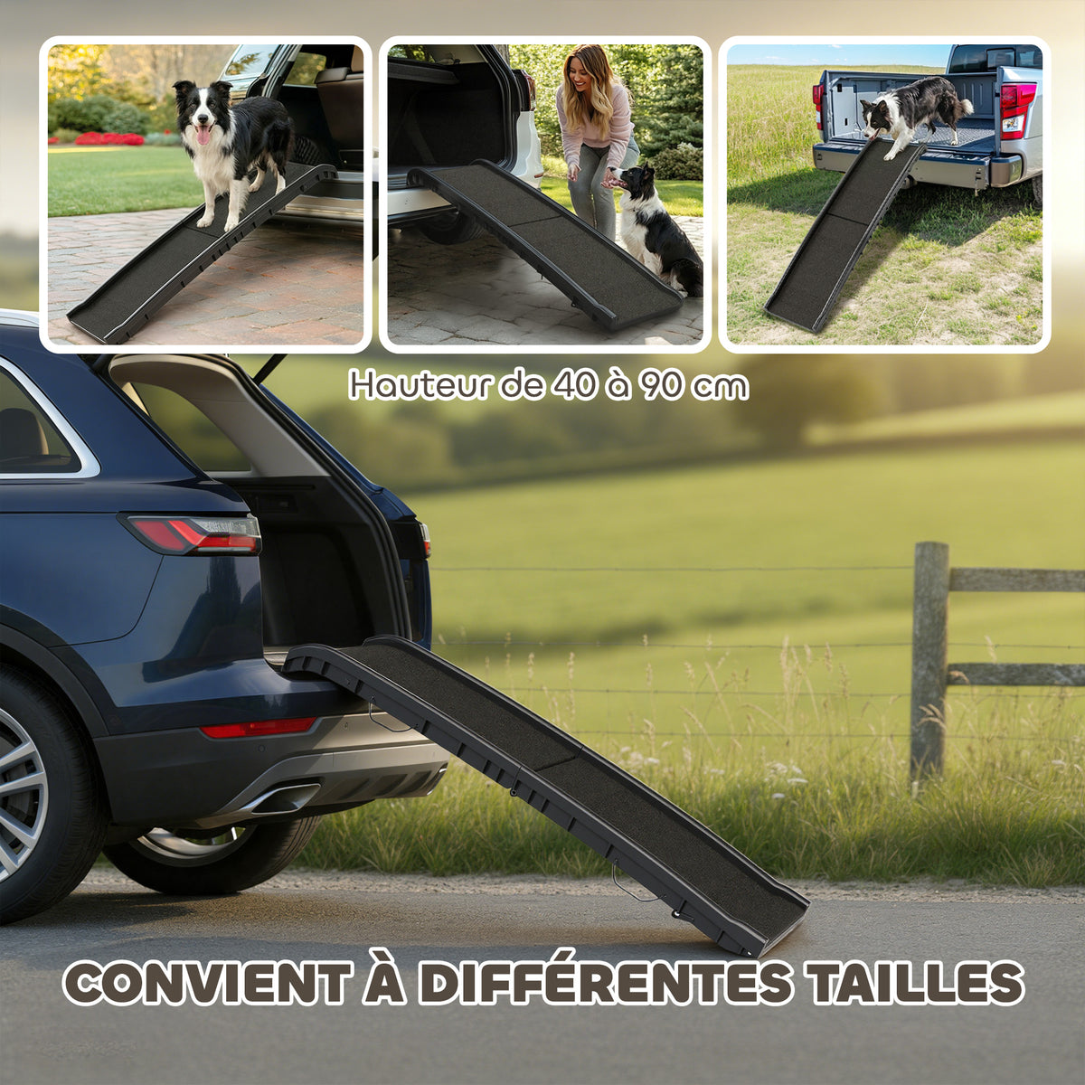 Rampe pliable pour chiens, escalier pour chien en PP avec pente douce et surface antidérapante, 155x38,5x15,5cm, noir