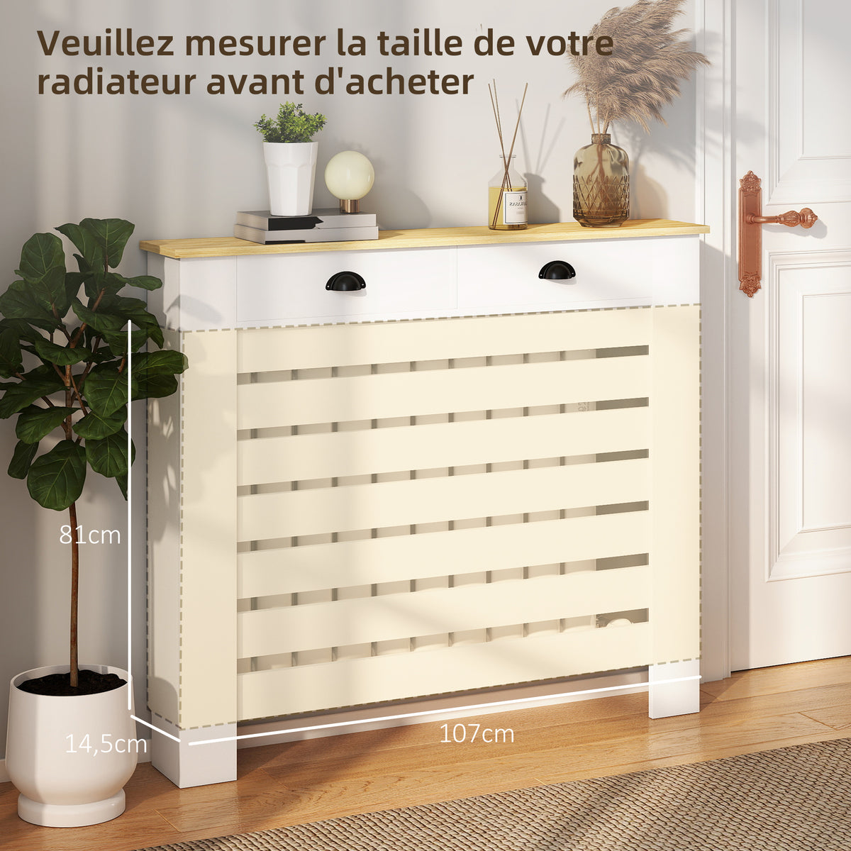 Couvercle de radiateur cache radiateur grille à lattes horizontales avec 2 tiroirs en bois 111l x 19P x 95,5H cm blanc