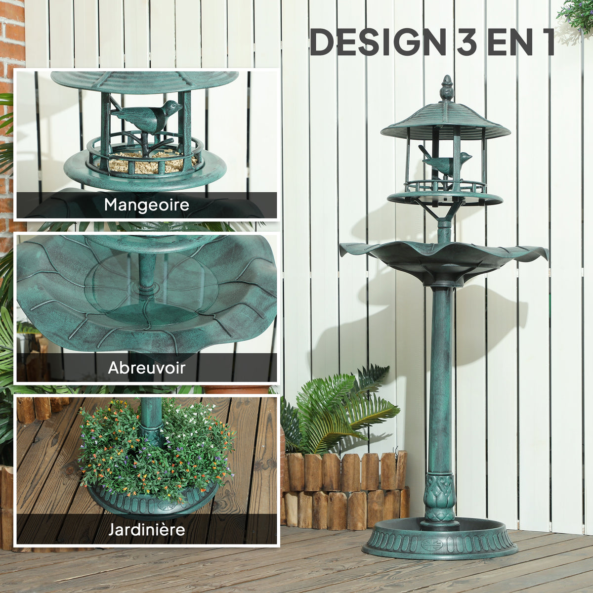 Bain d'oiseaux abreuvoir pour oiseaux jardinière 3 en 1 Ø 50 x 113 cm polypropylène vert-de-gris-3