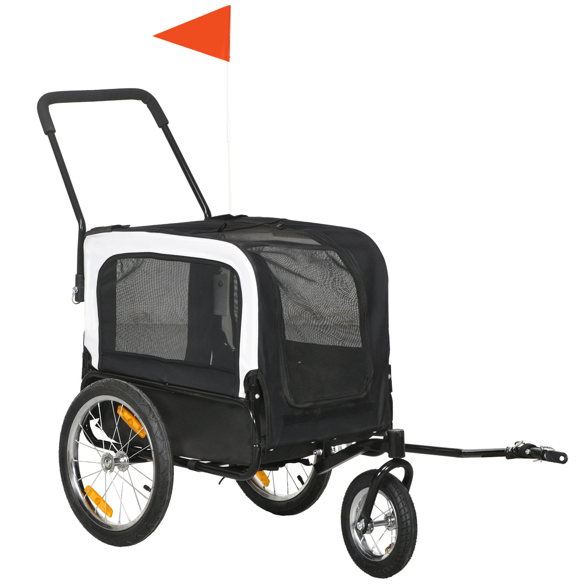 Remorque vélo jogger 2 en 1 pour animaux de compagnie drapeau roue avant pivotante réflecteurs noir