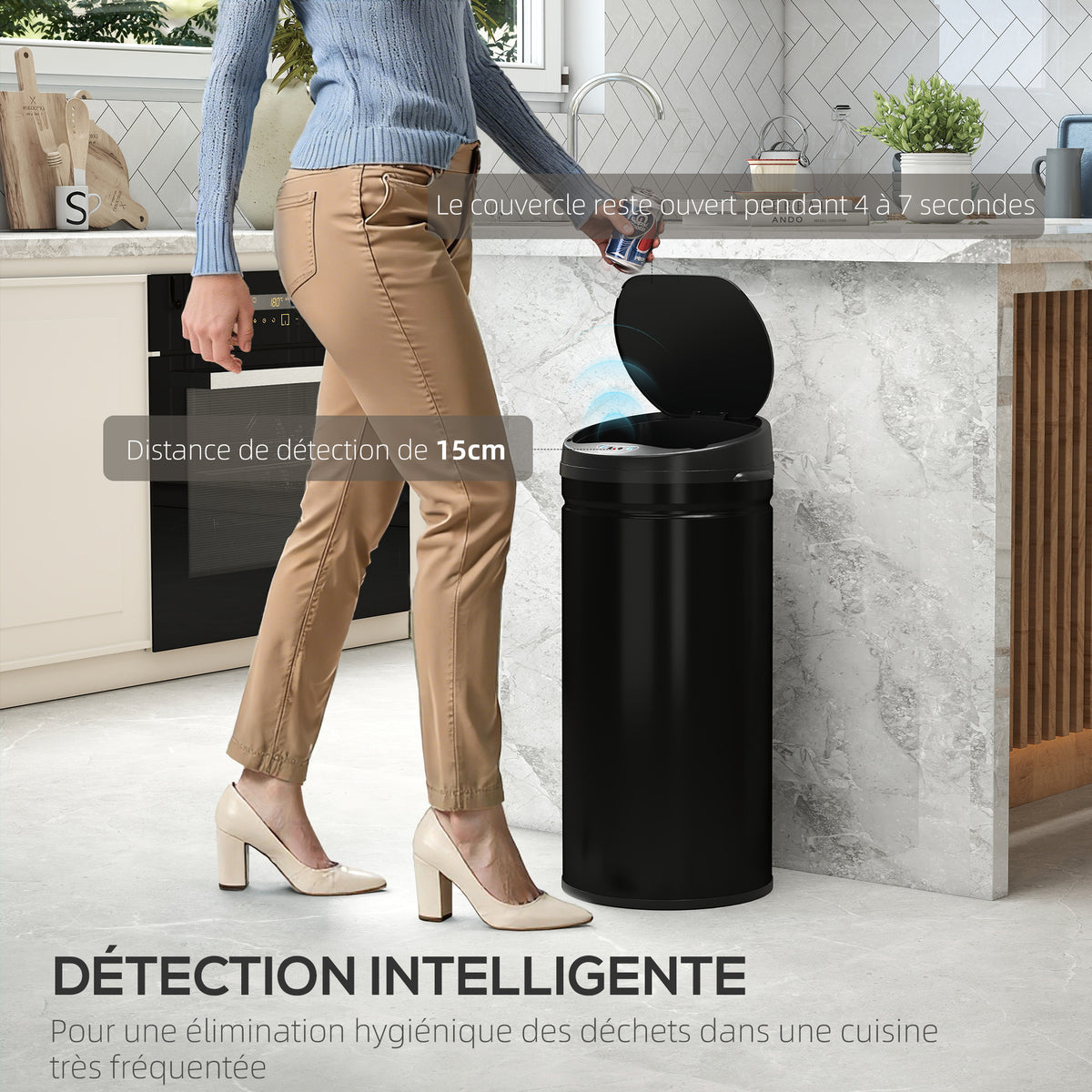 Poubelle cuisine automatique 42L acier inoxydable, poubelle à couvercle à fermeture en douceur, 30,5x30,5x68cm, noir