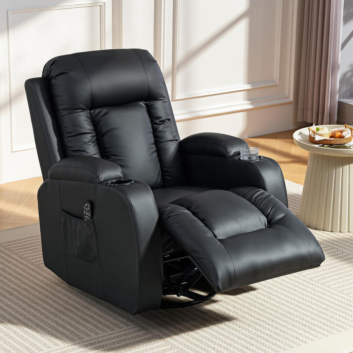 Fauteuil inclinable de massage et chauffage, fauteuil de relaxation, dossier réglable, pivotant 360°, 82x99x103cm, noir