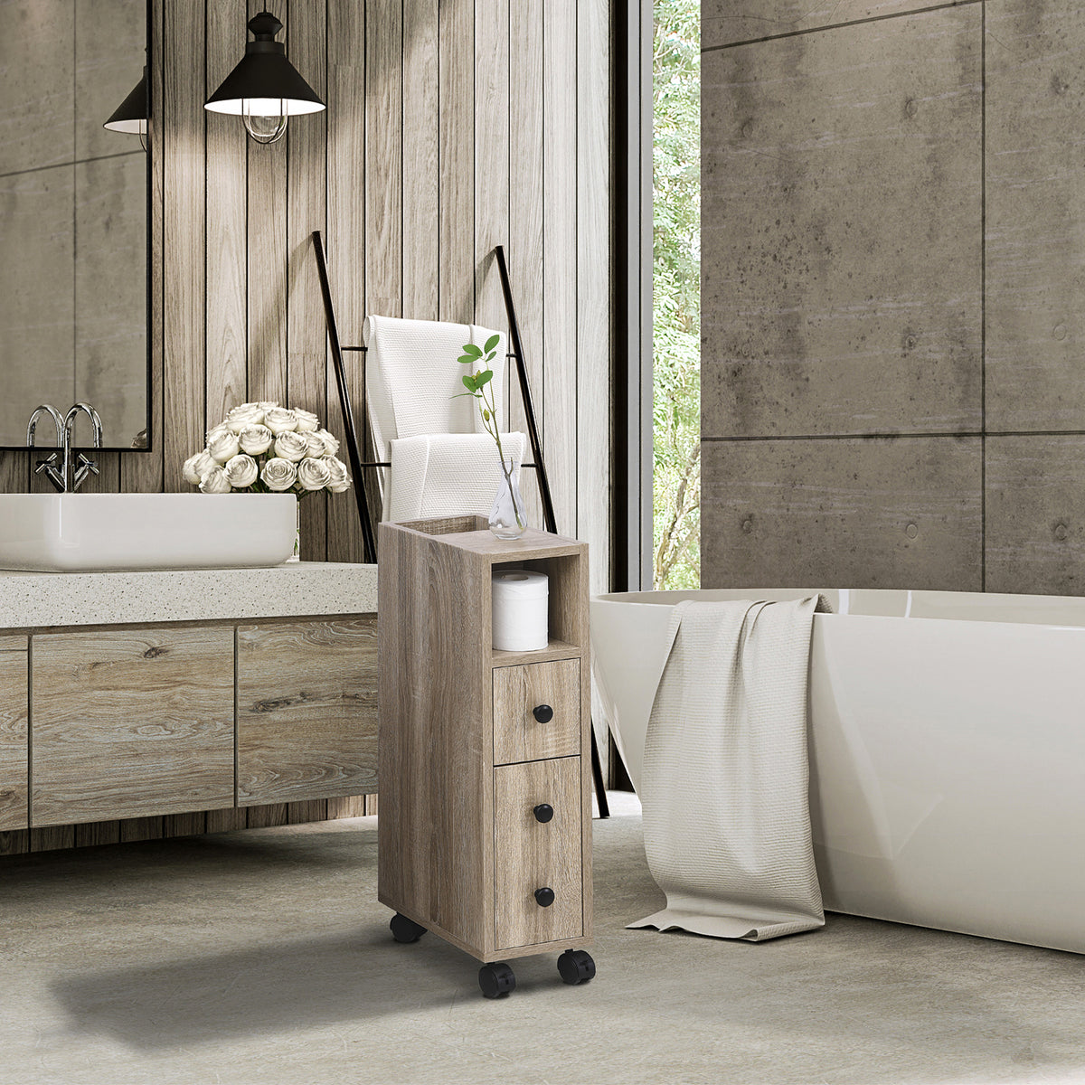 Porte-Papier Toilette 3 Niveaux avec Sortie Intégrée, Panneaux de Particules Aspect chêne Clair