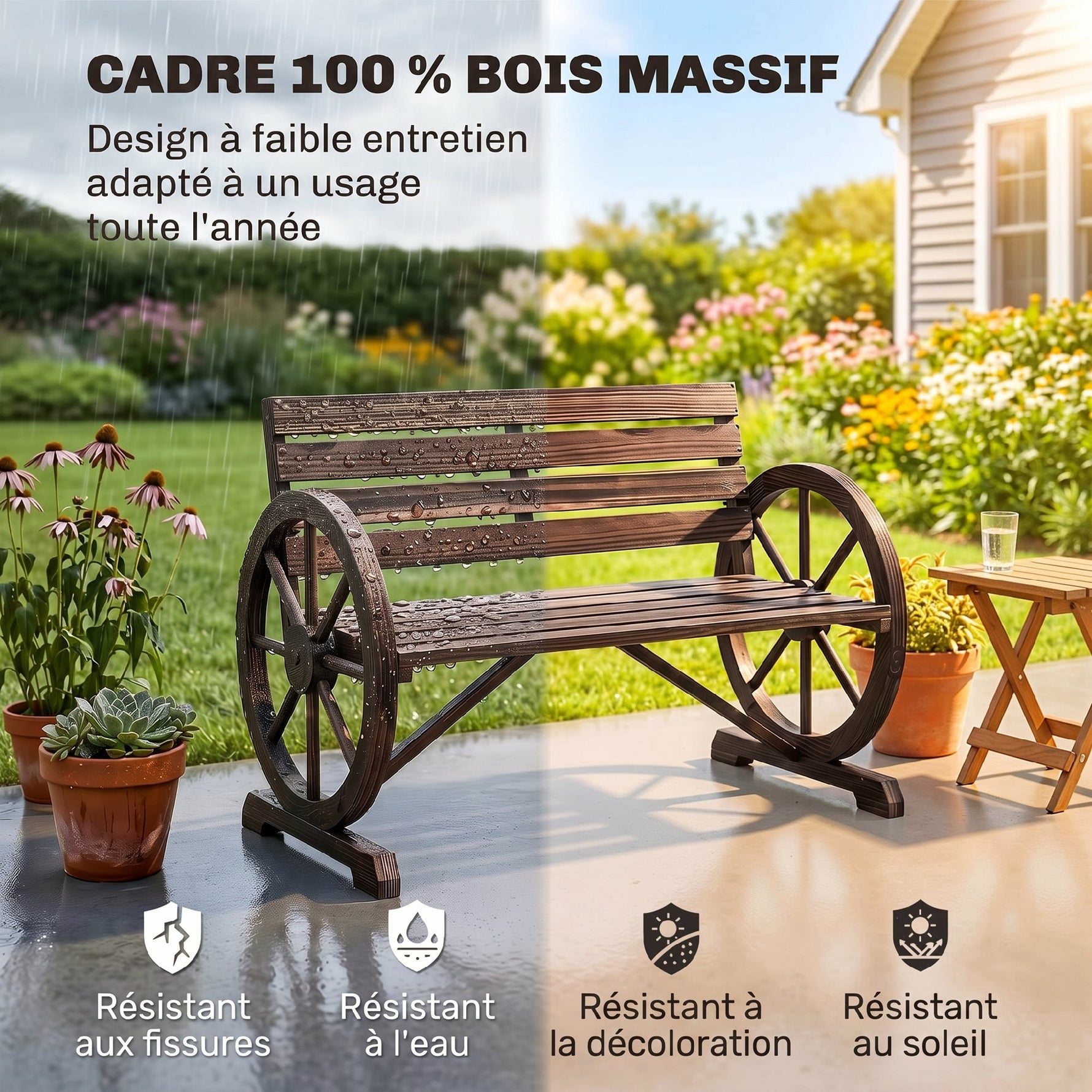 Banc de Jardin banc 3 places banc en bois Style Rustique Chic accoudoirs Roues Charette Bois Sapin traité carbonisation
