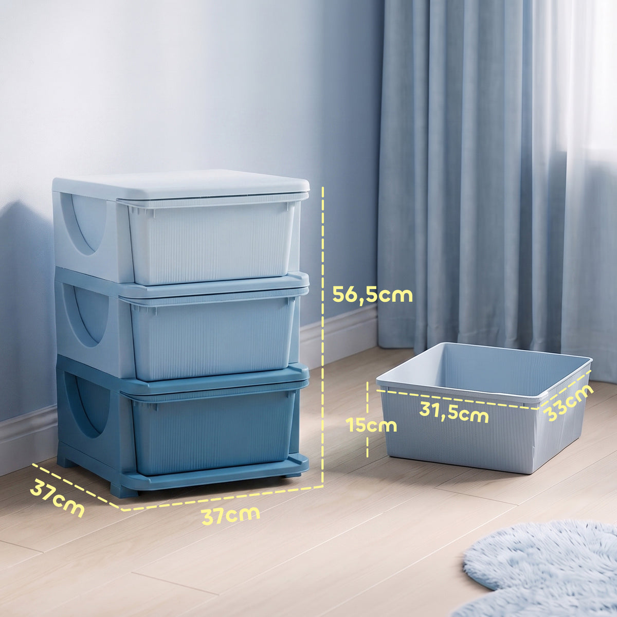 Organisateur de jouets pour enfants avec tiroirs à 3 niveaux, boîtes de rangement en plastique, 37 x 37 x 56,5 cm, bleu