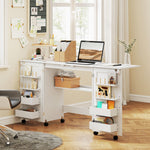 Tavolo da cucito pieghevole, mobile per cucito con rotelle, 2 ante magnetiche, 4 scomparti, 20 ganci, 160x40x81,5cm, bianco