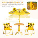 Ensemble Salon de Jardin Enfant 4 pcs Design Tigre - Table Ronde + 2 chaises Pliables + Parasol - métal époxy Oxford Jaune